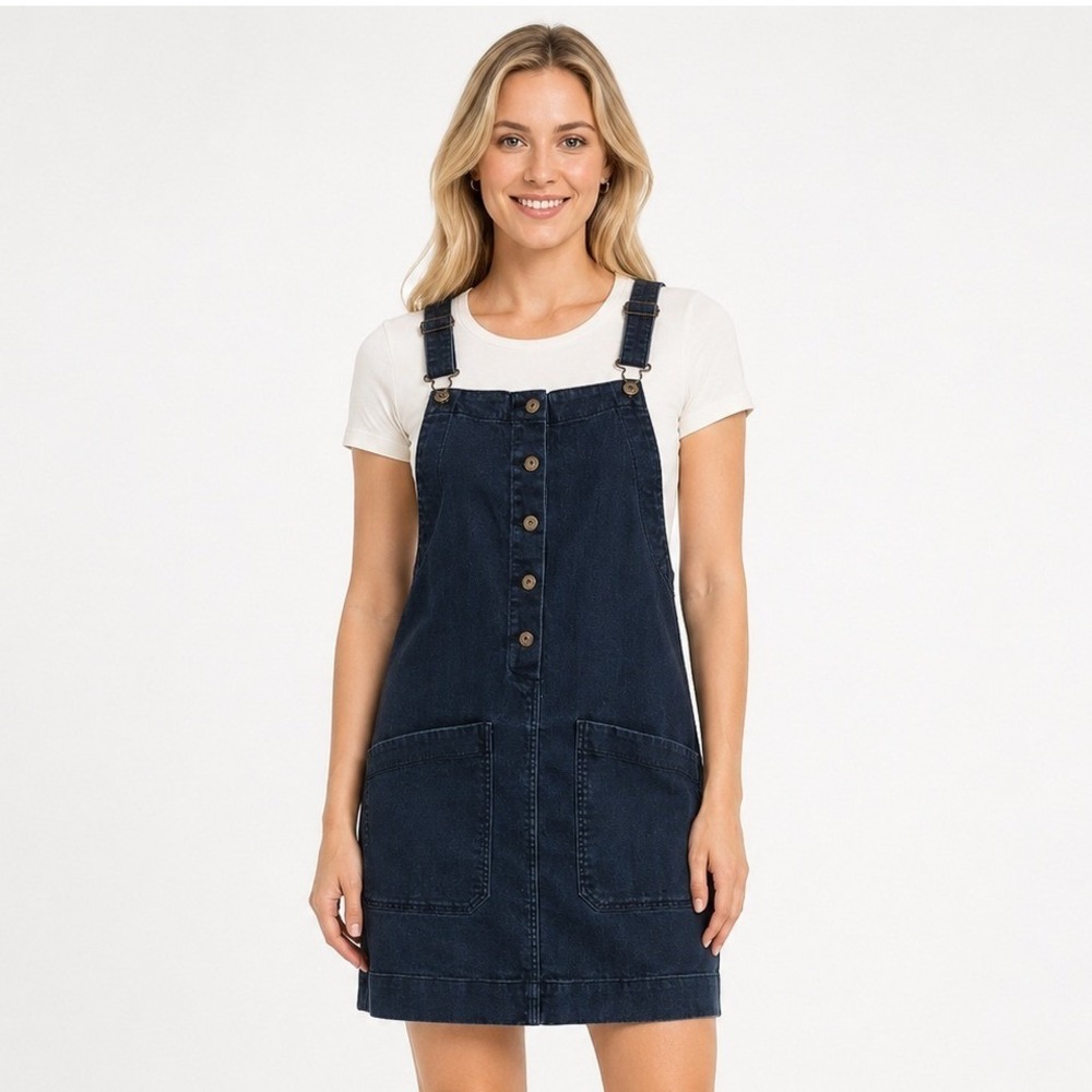 Duluth Trading Overall Dress Womens M Navy Blue Button Front Pocket Herringbone